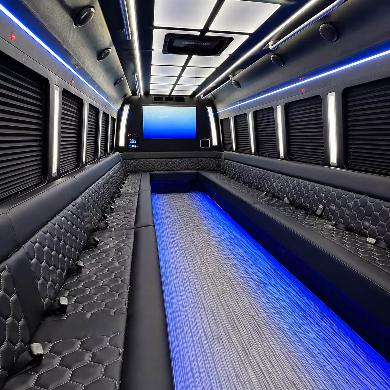 cathedral city 50 passenger party bus inside